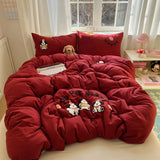 Yeknu Solid Colour embroidery Bedding Set For adults kids Ankela Red Red Flat Sheet With Pillowcases Colorful King Queen Full size