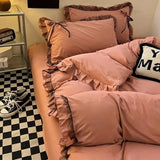 Ins Princess Style Ruffle Trim Duvet Cover Set - Washed Cotton Korean-Style Minimalist Sheet 4-Piece/3-Piece Bedding for Girls