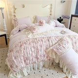 Yeknu  Flowers Lace Ruffles Princess Wedding Bedding Set Full Queen King Duvet Cover Bed Skirt/Bed Sheet/Fitted Sheet Pillowcases 4Pcs