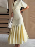 Yeknu  Elegant Pleated Women's Long Dress V-Neck Short Sleeve Waist-Closed Lady Dresses Summer Autumn Female Vacation Robe New