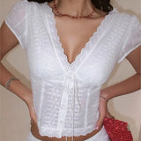 Yeknu  Positioned Lace V-neck White Shirt Top Short Sleeve Summer Chic Chest Tie Slim Women Crop Top Backless Sexy Shirt Blouse