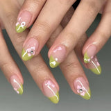 Yeknu  Short Glossy Oval Press-On Nails with French Glitter Tips Spring Flower Designs False Nail Tips for Women&Girls Manicure Look
