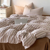Yeknu  Ins Dopamine Korean Striped Washed Cotton Four-piece Bedding Set Cream Style Bed Sheet Quilt Cover Three-piece Set