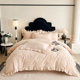 Yeknu  Chic Flowers Embroidery Ruffles Luxury Bedding Set 100% Cotton Duvet Cover Flat/Fitted Bed Sheet Pillowcases 4Pcs