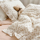 Yeknu INS Princess Ruffle Edge Gauze 100% Cotton Pillow Case Breathable Duvet Cover Without Filler 3PCS Floral Home Bedding Set