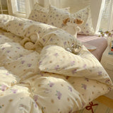 Yeknu  Duvet Set Double Yarn Four-piece Set Class A Aerobic Knitted Cotton Printed Love Bed Cover Skin Friendly Breathable Bedding