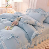 Yeknu Girls Bedding Sets Kawaii Seersucker Bed Sheet Pillowcase Fashion Princess Duvet Cover Solid Color 4 Pieces Cute Home Decoration