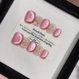 Yeknu 10Pcs Pink Shiny Fake Nails Handmade Glass Beads Cat Eye Nail Sticker Full Cover Cute Cherry Fruits Pattern Removable Nails Tips