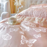 Yeknu 4/6Pcs Pink Butterfly Jacquard Three-layer Lace Ruffles Princess Wedding Bedding Set Duvet Cover Bed Skirt Bedspread Pillowcases