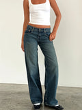 Yeknu  New women's solid-color washed straight-leg jeans, low-waisted, simple, versatile, fashionable, comfortable and loose for goin