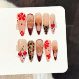 Yeknu  10pcs Handmade Long Almond Press on Nails Sweet Cool 3D Carved Petals Decor Fake Nails Wearable Detachable French False Nails
