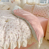 Yeknu  4pcs  Korean lace Duvet Cover Set (1*Duvet Cover + 2*Pillowcase, bed sheet), Pink checkered print Bedding Set