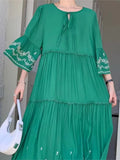 Yeknu  Summer A-Line Long Dress Women Embroidery Fashion Ruffle Pleated Patchwork Loose Ladies Dresses Korean Style Woman Dress