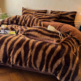 Yeknu  Thickened imitation rabbit hair carved milk fleece four-piece set winter coffee color warm fleece quilt set