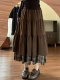 Yeknu  Autumn Winter Plaid Corduroy f Skirt Women's Vintage Berkeley Splicing Long Cake Skirt High Waist A-Line Casual Skirt