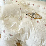 Yeknu French Romantic Lace Bubble Gauze Bedding Set Queen Elegant Princess Style Embroidered Duvet Cover Set Ruffled Quilt Cover Sets