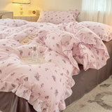 Yeknu 2025 Princess Style Bedding Sets Ruffle Lace Bow Quilt Cover Romantic Bedclothes Decor Woman Girls Bedroom Duvet Cover 4pcs