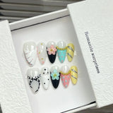 Yeknu  10pcs Handmade French Almond Fake Nails 3d-carved Petals Design Sweet False Nails Wearable European Retro Flower Press on Nails