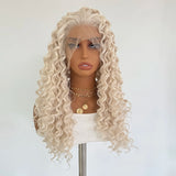 Yeknu   Platinum Blonde Curly Wig 13x4 Long Deep Curly Synthetic Lace Front Wigs for Women Glueless Heat Resistant Fiber Daily Cosplay