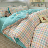 Yeknu  Nordic Plaid Pattern Wash Cotton Bedding Set Duvet Cover Pillowcase Bed Sheet Set Comforter Cover Bed Linens Set Queen King Size