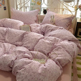 Yeknu  Small flower bow four piece set, soft and skin friendly cotton linen double bed duvet set, dormitory three piece set