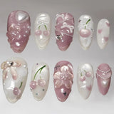 Yeknu  30pcs Full Diamond Sparkle Cat-Eye Press on Nails Cherry Bow Chain Fake Nail Short Almond False Nail for Women&Girl Nail Art