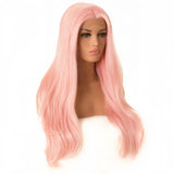 Yeknu  Long Pink Wavy Wig for Women Synthetic Middle Part Layered Natural Wave Curly Light Pink Heat Resistant Fiber Wigs for Party Use