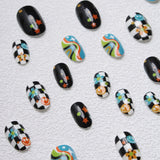 Yeknu  24pcs Almond Press On Nails Y2K Retro Checkerboard Fake Nail Face Flower Star False Nail Colorful Swirl Groovy Nail for Women
