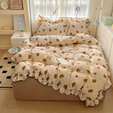 Yeknu  new cream lace girl powder grid Korean version bed four-piece set washed cotton double-layer yarn quilt cover dormitory