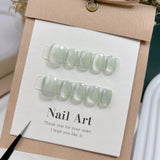 Yeknu 10Pcs Short Handmade Light Green Press On Nails Cat Eyes Pure Ballerina Decoration Wearable False Nails Full Cover Nail Tips Art