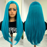 Yeknu  Long Lake Blue Straight Wig for Women Synthetic Hair Free Part Lace Front Wig Heat Resistant Fiber Wigs for Daily Party Cosplay