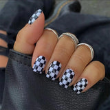 Yeknu  24Pcs Hot Pink Cherry Press On Nails Almond Fake Nails Black White Checkerboard Design Reusable Full Cover Artificial Nail Tips