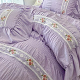 Yeknu French Romantic Lace Bubble Gauze Bedding Set Queen Elegant Princess Style Embroidered Duvet Cover Set Ruffled Quilt Cover Sets