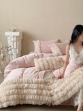 Yeknu  Romantic Floral Jacquard Cotton Flannel Bedding Set, 4-Piece Cozy Queen Size Duvet Cover for Winter, Soft Brushed Cotton Bed Set