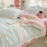Yeknu  new small fresh printing French lace lace double four-piece set bedding wrinkled yarn student three-piece set