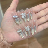 Yeknu  10pcs French Cat Eye Press on Nails Handmade 3D Flower Pearl Rhinestone False Nails Ice Nude Nail Art Long Almond Elegant Nails