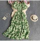 Yeknu  Retro Floral Print Chiffon Dress Women Summer Bubble Short Sleeve Slim Holiday Boho Dresses Multi-layered Ruffle Long Cake Dress