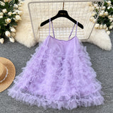 Yeknu  Summer French Vacation Suspender Dress Women Sleeveless Loose A-Line Solid Color Multi-layer Mesh Puffy Mini Dress