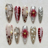 Yeknu  30pcs Nude Red 3D Flower Press On Nails Long Stiletto Fake Nails with Silver Metal Line & Pearl False Nail for Women&Girl
