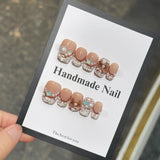 Yeknu  10pcs Pink Plaid Press on Nails Glitter Cat Eye Fake Nails Heart Pearl Stick on Nails 3D Embossed Nail Square French False Nail