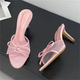 Yeknu  Summer Fashion Butterfly-knot Breathable Holes Mesh Open Toe Woman Slippers Thin High Heels Party Dress Shoes