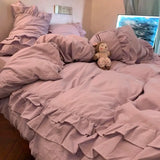 Yeknu  Princess Style Purple Ruffle Duvet Cover Set - Washed Cotton 4-Piece/3-Piece Bedding Double Size/Dorm Sheet Set