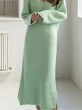Knitted Autumn Winter V-Neck Dress Women Korean Style Loose Fashion Split Ladies Dresses Casual Woman Long Dress