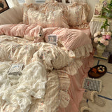 Yeknu 3/4Pcs Korean Princess Style Floral Ruffles Bedding Set Skin-friendly Soft Duvet Cover Set Bed Sheet Or Bed Skirt Pillowcases