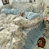 Yeknu 3/4Pcs Korean Princess Style Floral Ruffles Bedding Set Skin-friendly Soft Duvet Cover Set Bed Sheet Or Bed Skirt Pillowcases