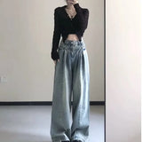 Yeknu  Vintage American High Waist Wide Leg Jeans for Women Pear Shape Slimming Straight Loose Drapey Ankle-Length Pants Long Trousers