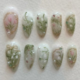 Yeknu  24Pcs Press On Nails Lily of the Valley&Tulip Floral Almond Fake Nails with Pearl&Rhinestone Accents Reusable False Nails