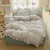 Yeknu  new cream lace girl powder grid Korean version bed four-piece set washed cotton double-layer yarn quilt cover dormitory