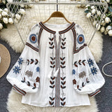 Yeknu  Bohemian Heavy Embroidery Shirt Round Neck Tie Lantern Sleeve Top Female Spring And Autumn New Loose Casual Beach Top Blusas