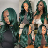 Yeknu  Long Curly Wavy Natural Wave Synthetic Hair Free Part Dark Green Body Wave Glueless Pre Plucked 13X4 Lace Frontal Wigs for Women